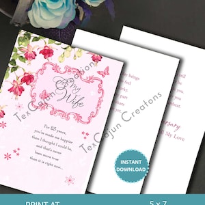 Tarjeta del 25 aniversario del aniversario de la esposa para la esposa, regalo para ella, tarjeta digital, impresión de aniversario, tarjeta para ella, descarga instantánea