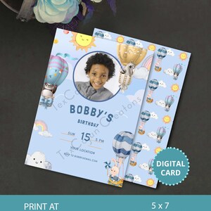 Convite de aniversário com balão de ar quente, convite para festa, convite com foto, cartão de aniversário, cartão digital, convite para festa de meninos, convite digital