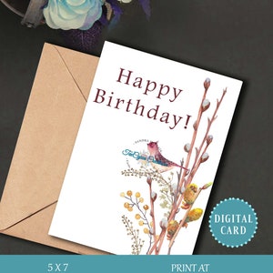 Cartão de aniversário de pássaro, cartão de pássaro, cartão de aniversário, feliz aniversário, cartão para esposa, cartão para ela, cartão digital, cartão floral, download instantâneo