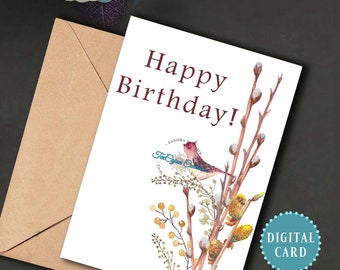 Bird Birthday Card, Bird Card, Birthday Card, Happy Birthday, Card for Wife, Card for Her, Digital Card, Floral Card, Instant Download