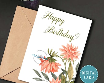 Carte d’anniversaire florale, Carte florale pour anniversaire, Carte pour elle, Carte d’anniversaire numérique, Carte numérique, Carte imprimable, Téléchargement instantané