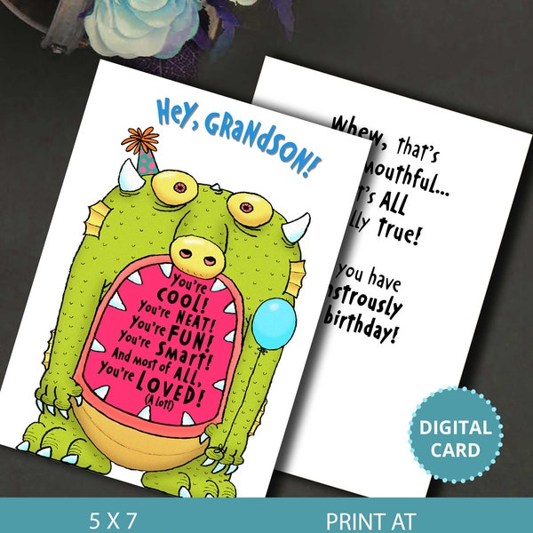 Monster Birthday Card for Grandson, Birthday Card, Grandson Card, Grandson Birthday Card, Card for him, Digital Cards, Instant Download