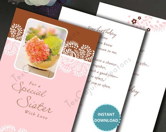 For a Special Sister with Love Birthday Card, Happy Birthday, Digital Card, Card for Sister, Card for Her, Digital File, Digital Download