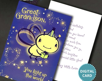 May include: A digital birthday card featuring a cartoon bee with a party hat holding a gift. The bee is yellow with black stripes and is surrounded by gold stars on a purple background. The text "Great-Grandson, You light up the world" is printed on the card. The card is 5x7 inches.