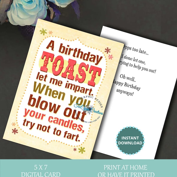 Funny Fart Birthday Card, Birthday Card for him, Funny Card, Digital Card, Senior Birthday Card, Print at Home Card, Instant Download