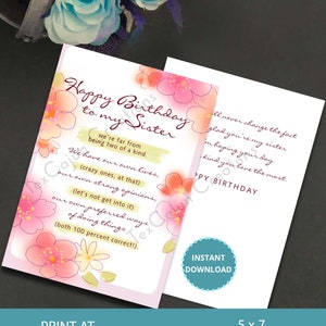 Buon compleanno a mia sorella biglietto di compleanno, compleanno della sorella, carta per sorella, carta digitale, carta stampabile digitale, download digitale