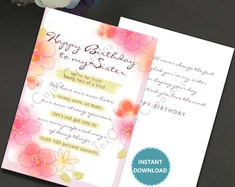 Happy Birthday Sister Card: Floral Design (Digital Download)