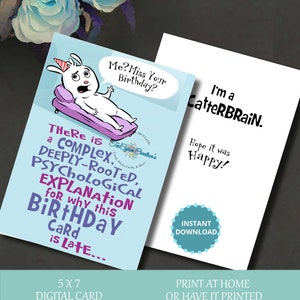 Cartão de aniversário atrasado, cartão de aniversário atrasado, cartão de aniversário, cartão digital, cartão de aniversário engraçado, cartão para impressão, cartão engraçado, download instantâneo