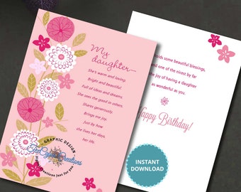 Könnte beinhalten: Eine digitale Karte in Rosa und Weiß mit Blumenmustern und dem Text "Meine Tochter - Sie ist warmherzig und liebevoll. Strahlend und schön. Voller Ideen und Träume. Sie sieht das Gute in anderen. Sie teilt grosszügig. Sie bringt mir Freude. Einfach durch die Art, wie sie ihre Tage lebt, ihr Leben." Die Karte enthält auch den Text "Alles Gute zum Geburtstag!" und "Sofort herunterladen".