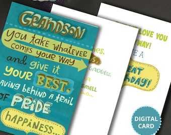 May include: A teal blue and yellow digital greeting card with the text "Grandson you take whatever comes your way and give it your best. Having behind a trail of pride happiness..." and "5x7 Digital Card". The card also has a yellow speech bubble with the text "Eat Birthday!" and a teal blue circle with the text "Digital Card".