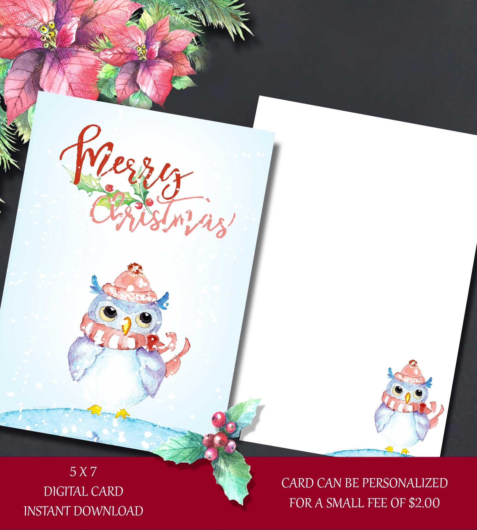 Christmas Owl Card, Christmas Card, Christmas Greeting Card, Digital Cards, Printable Cards, Merry C