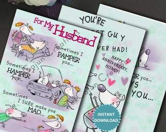 Funny Husband Anniversary Card, Cute Digital Printable (Instant Download)