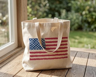 American Flag Cotton Canvas Tote Bag, Eco-Friendly Reusable Grocery Bag, Handmade 4th of July Tote, Independence Day and Memorial Day Gift