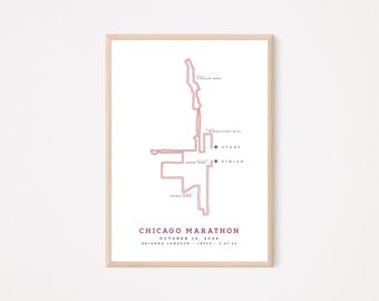 May include: A framed print featuring a red line map of the Chicago Marathon route on a white background. The text reads Chicago Marathon, October 13, 2024, Brianna Jameson, 10929, 3:47:20, with labels for Lincoln Park, Magnificent Mile, Grant Park, and China Town.