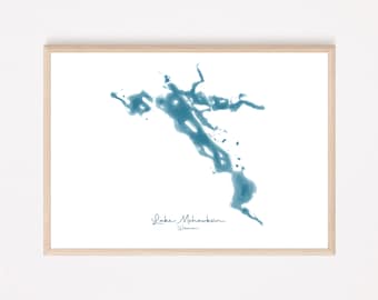 Personalized Borderless Watercolor Style Lake Print, Housewarming Gift for Decorations, Hand-Drawn Map Wall Art, Vacation House Wall Decor