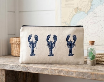 Blue Lobster Pouch, Coastal Makeup Bag, Nautical Pencil Case, Ocean Theme Accessory Bag, Beach Lover Gift, Seaside Stationery Case for Her