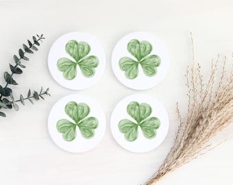 Shamrock Ceramic Coasters, Set of Four Ceramic Coasters, Gift for Tea & Coffee Lovers, St. Patrick's Day Themed Coaster, Leaf Clover Coaster