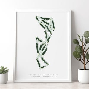 May include: A framed print featuring a top-down map of the Sankaty Head Golf Club in Nantucket, Massachusetts. The graphic displays dark green fairways and sand bunkers against a light background, with the text Sankaty Head Golf Club below.