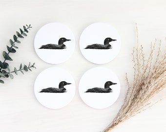 Loon Ceramic Coasters, Set of 4, Office Table Decor, Nature Themed Wildlife Ceramic Coasters, Perfect for Coffee & Bird Lovers, Gift for Him