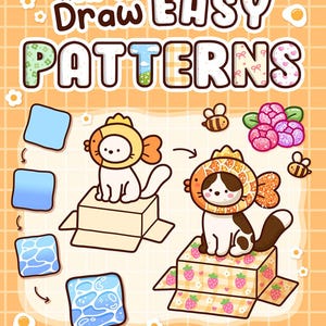 Puede incluir: Ilustración de un tutorial de dibujo titulado "How to Draw Easy Patterns" de Southern Lotus. La portada presenta un gato blanco con un sombrero de pez, sentado en una caja. El fondo es naranja con líneas de cuadrícula y elementos decorativos.
