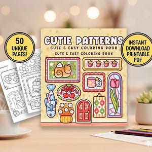 Puede incluir: Un libro para colorear titulado "Cutie Patterns" con el texto "Cute & Easy Coloring Book". La portada presenta varias ilustraciones lindas, incluyendo un caracol, fresas y un tulipán. El libro se anuncia con 50 páginas únicas y es un PDF imprimible de descarga instantánea.