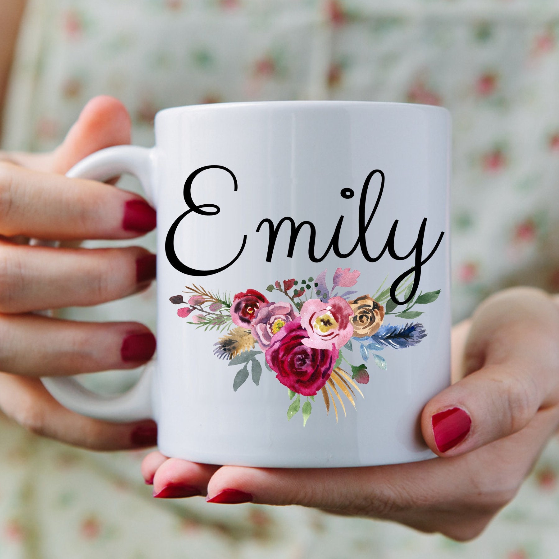 Personalised Name Lilac Floral Travel Mug Coffee Mug Tea Mug Hot Drink Cup  