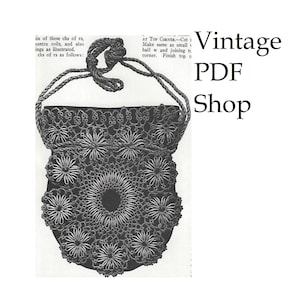 May include: Vintage crochet pattern for a drawstring bag with a floral design. The pattern includes instructions for making the bag and the top corner.