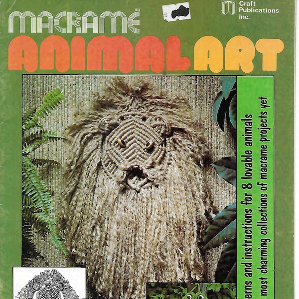 Macrame Animal Art Pattern Booklet, Lion, Pig, Frog, Elephant, Cat, Giraffe, Dog -- PDF Instant Download