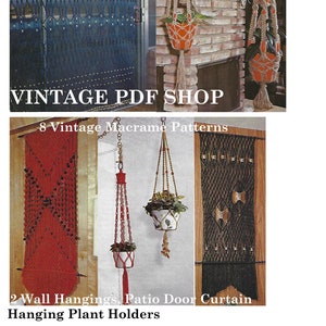 8 Vintage Macrame PDF Patterns ~~ Patio Door Curtain, 5 Hanging Plant Holders, 2 Wall Hangings - PDF Instant Download