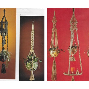 May include: Three macrame plant hangers with different designs. The hangers are made of natural rope and have a tassel at the bottom. The hangers are shown with plants in them.