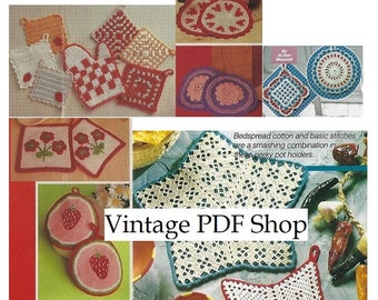 May include: A collection of crochet pot holders in various shapes and colors, including hearts, stars, and squares. The pot holders feature a variety of designs, including strawberries, flowers, and geometric patterns. The text "Bedspread cotton and basic stitches are a smashing combination in these perky pot holders." is visible in the image. The text "Vintage PDF Shop" is also visible in the image.