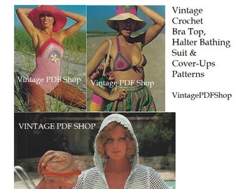 Vintage Crochet Bra Top, Halter Bathing Suit & Two Beach Cover-Ups Patterns - Instant Digital Download PDF Pattern