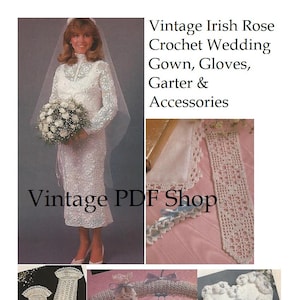 May include: Vintage crochet wedding pattern featuring a gown, gloves, garter, and accessories. The pattern includes instructions for a white crocheted gown, gloves, garter, and a heart-shaped ring pillow.