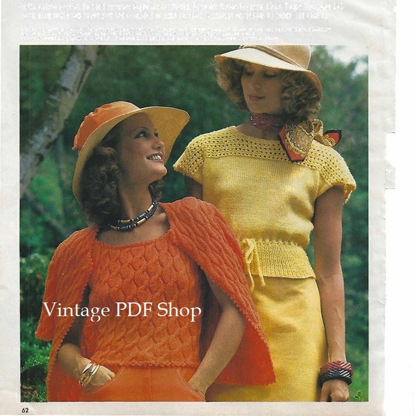 Two Knit Sweater Patterns Cable Sleeveless T-Top and Cover Up and Stockinette Stitch Sweater Women PDF Digital Instant Download Pattern