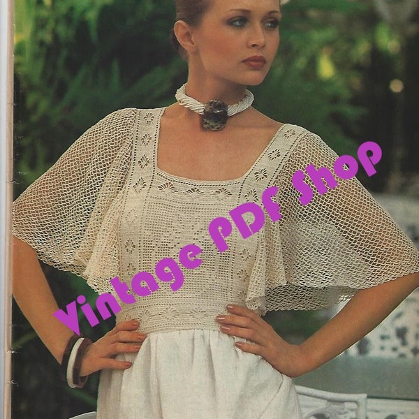 Vintage Filet Crochet Pattern Butterfly Sleeve Top Sz 6-14 Femme PDF TÉLÉCHARGEMENT INSTANTANÉ - Modèle seulement