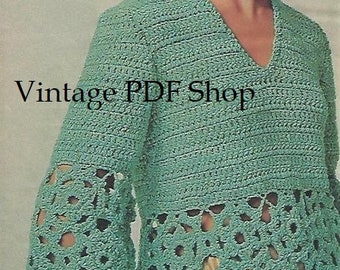 Vintage Crochet Lacy Medallions Midriff Pullover Sweater Blouse Sizes 8-14 - PDF INSTANT DOWNLOAD - Pattern Only