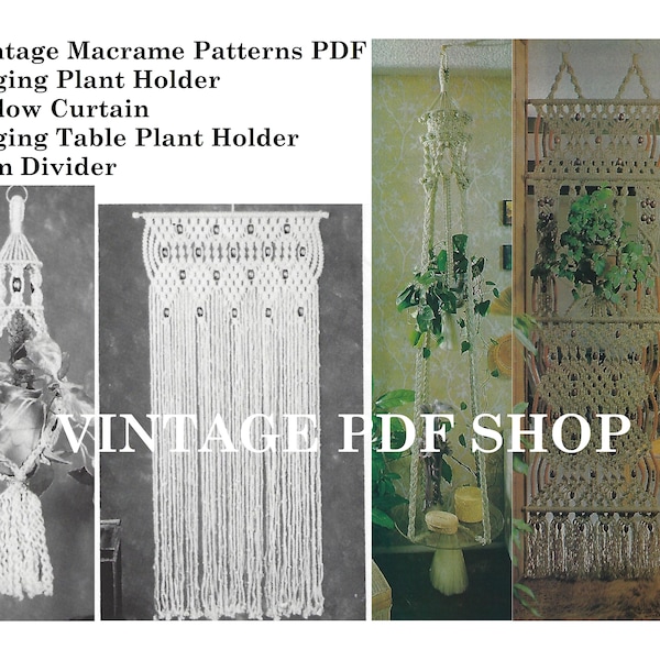 4 Vintage Macrame PDF Patterns Hanging Plant Holder, Window Curtain, Hanging Table Plant Holder, Room Divider - PDF Instant Download