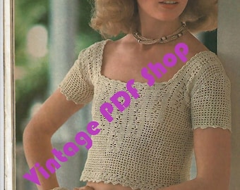 Vintage Filet Crochet Pattern Woman Short Sleeve Top Sz 6-14 PDF INSTANT DOWNLOAD - Pattern Only
