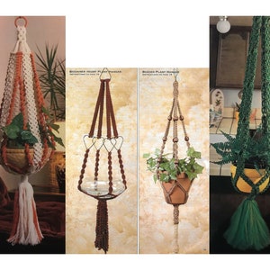May include: Three macrame plant hangers with different designs and colors. The first is white and orange with a tassel, the second is brown with a heart design and beads, and the third is green with a braided design.