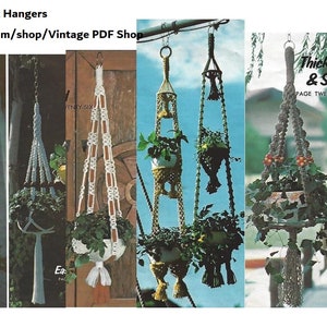 May include: Five different macrame plant hangers in various styles and colors. The hangers are made with thick rope and feature tassels. The hangers are shown hanging from a ceiling or a tree branch. The image includes the text "Thick & Sim" and "Page Twenty-Six".
