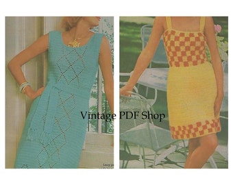 Vintage haakpatronen 2 jurken Filet Panel mouwloze jurk en geruite tank zonnejurk Sz 6-16- PDF INSTANT DOWNLOAD - alleen patroon
