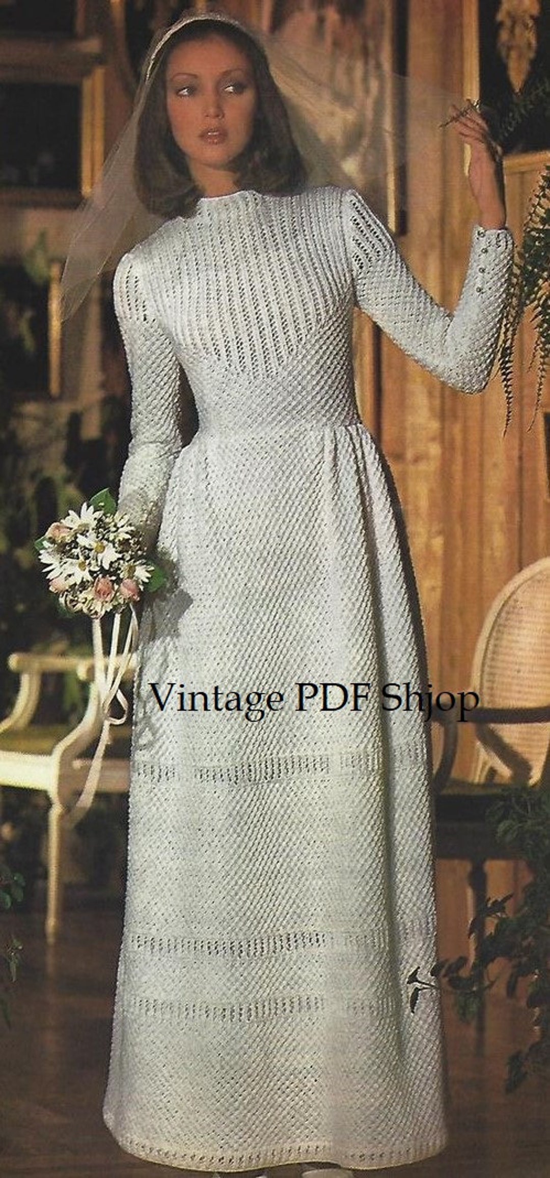 Knit Wedding Gown Bridal Dress With Matching Headpiece Vintage Boho 1970 s Pattern PDF INSTANT DOWNLOAD Pattern Only Etsy UK