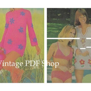 Vintage Crochet Bikini Bathing Swimsuit and Two Beach Cover-Ups Patterns  Sz 10-14- Instant Digital Download PDF Pattern