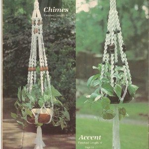 May include: Two macrame plant hangers, one with brown beads and a 6 foot finished length, labeled "Chimes", and the other with black beads and a 4 foot finished length, labeled "Accent".