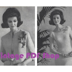May include: Two women wearing knitted dresses. The woman on the left is wearing a cardigan with a floral design. The woman on the right is wearing a sleeveless dress with a small flower brooch.