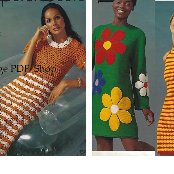 Vintage Crochet Three 3 Women's Dresses 1970's Patterns Sizes 8-16 - PDF INSTANT DOWNLOAD - Pattern Only