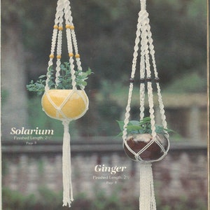 May include: Two macrame plant hangers, one with a yellow pot and the other with a brown pot. Both hangers are made with white cord and have tassels at the bottom. The text "Solarium" and "Ginger" are printed below the hangers.