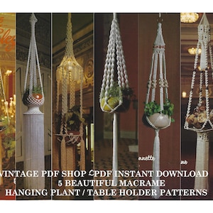 5 Macrame Plant Hanger Holders and Hanging Table Patterns 1970s - PDF INSTANT Digital Download - Complete Instructions