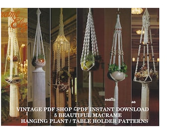 5 Macrame Plant Hanger Holders and Hanging Table Patterns 1970s - PDF INSTANT Digital Download - Complete Instructions