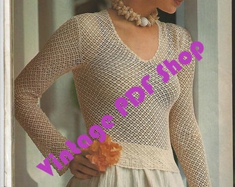 Vintage Filet Crochet Pattern Dainty Long Sleeve Top Sz 6-14 Woman PDF INSTANT DOWNLOAD - Pattern Only